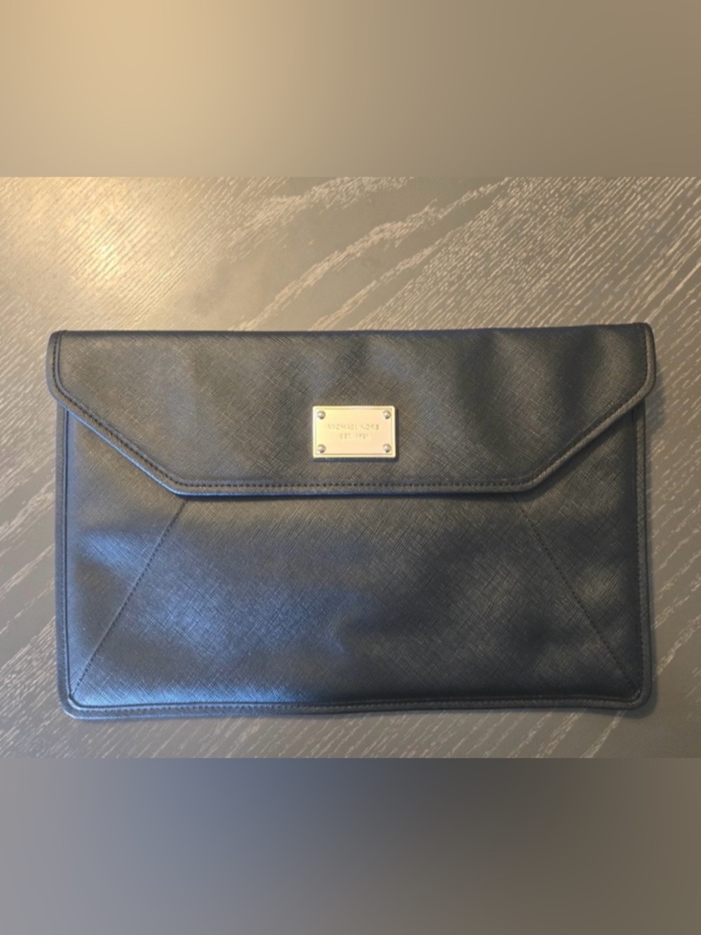 Michael Kors Black Saffiano Leather Clutch with Gold Plaque